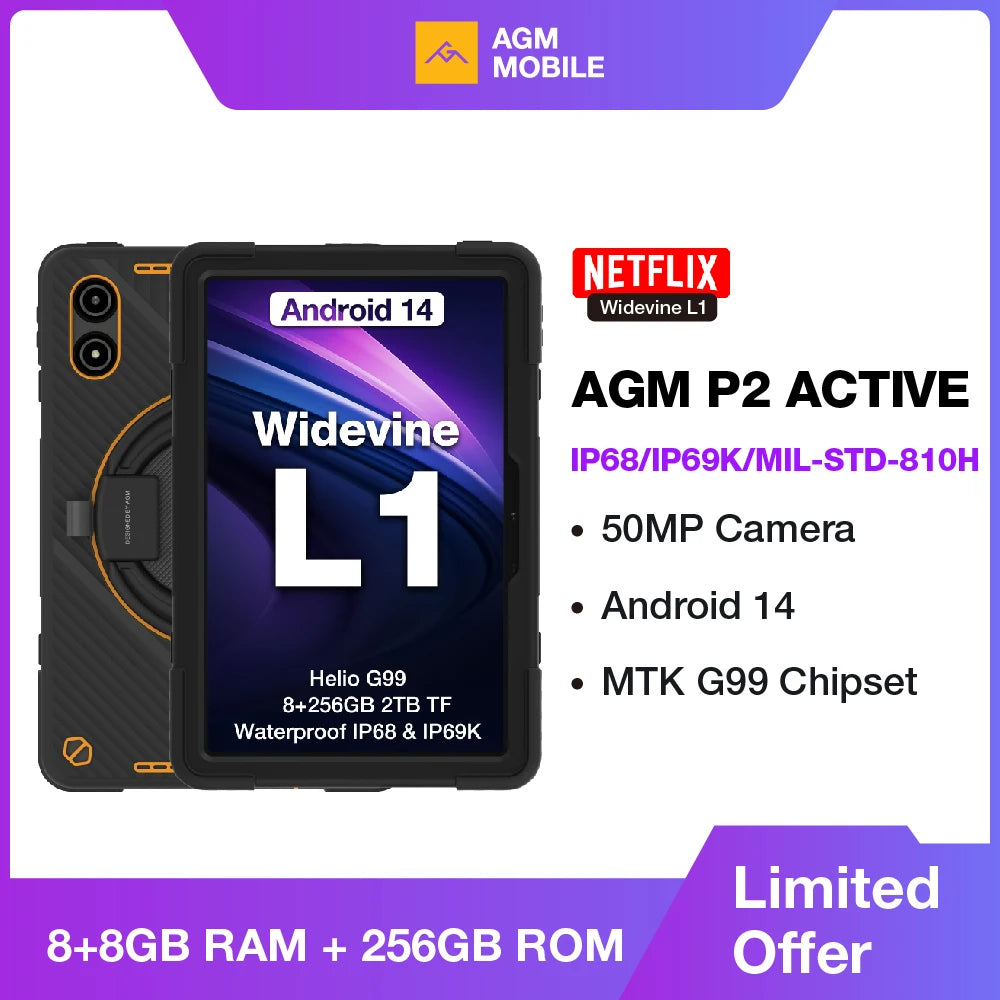 AGM PAD P2 Active 11” FHD Rugged Tablet – Waterproof, Drop-Proof, 8GB+256GB, Android 14, Widevine L1